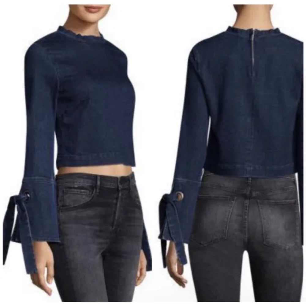 3x1 NYC Denim Bell-sleeve Tie Cropped Blouse Top In Ferdie Blue
